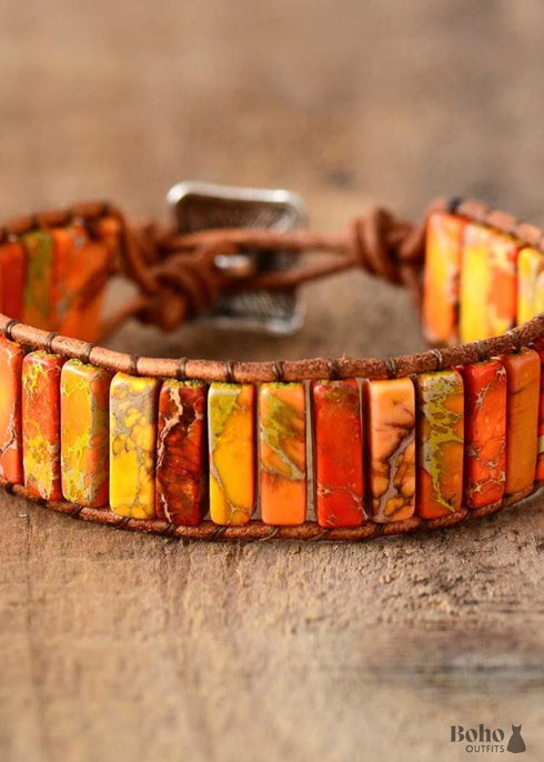 Boho Bracelet, Leather Wrap Bracelet, Tube Natural Stones, 4 colors Blue, Orange, Green and Red